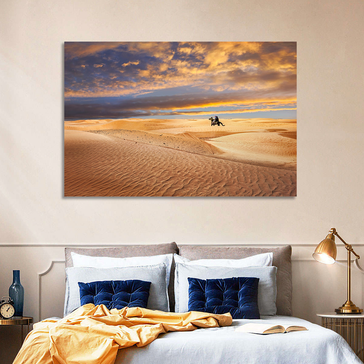 Sahara Camel Rider at Sunset Wall Art in a room, landscape