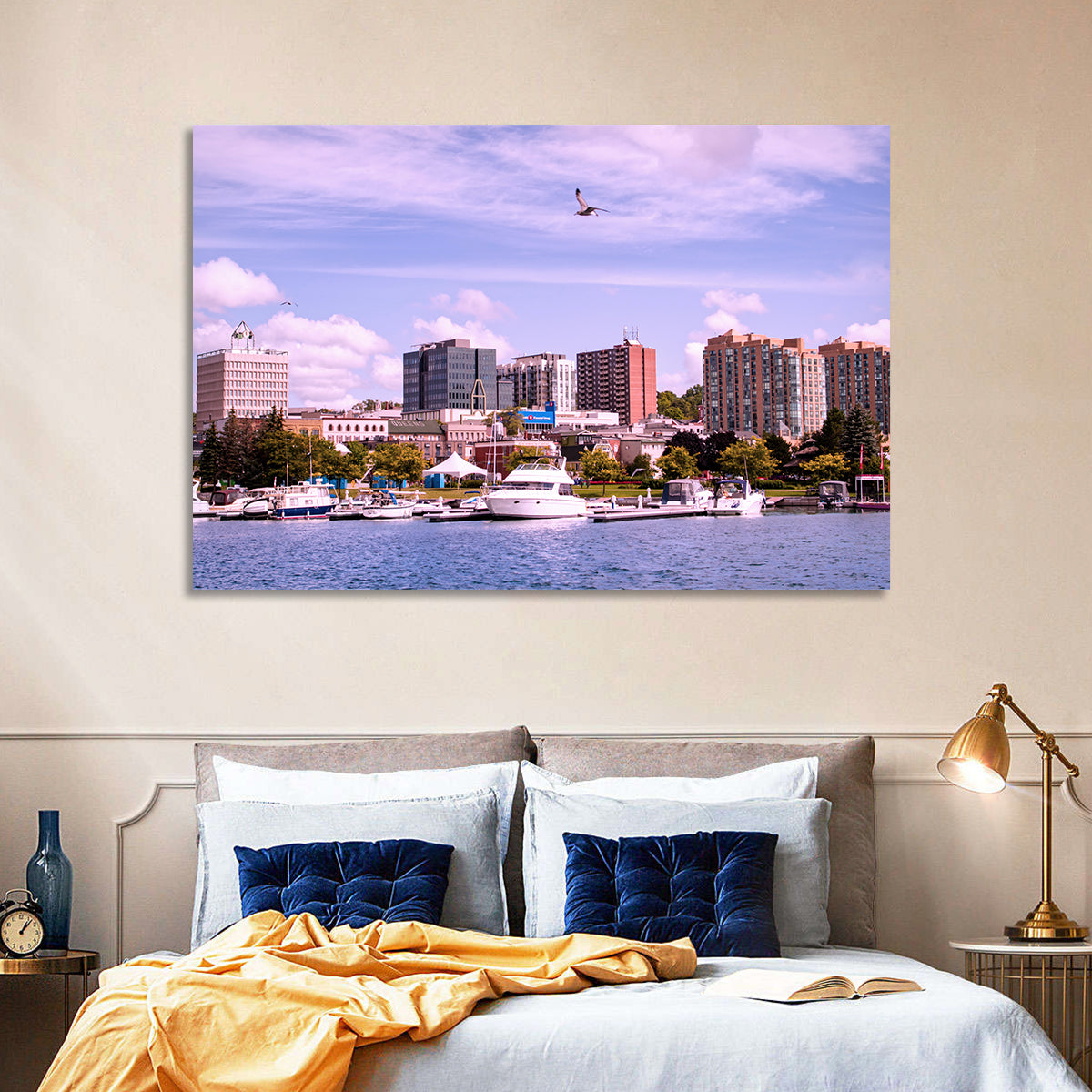 Barrie Lakefront Skyline Wall Art in a room, landscape