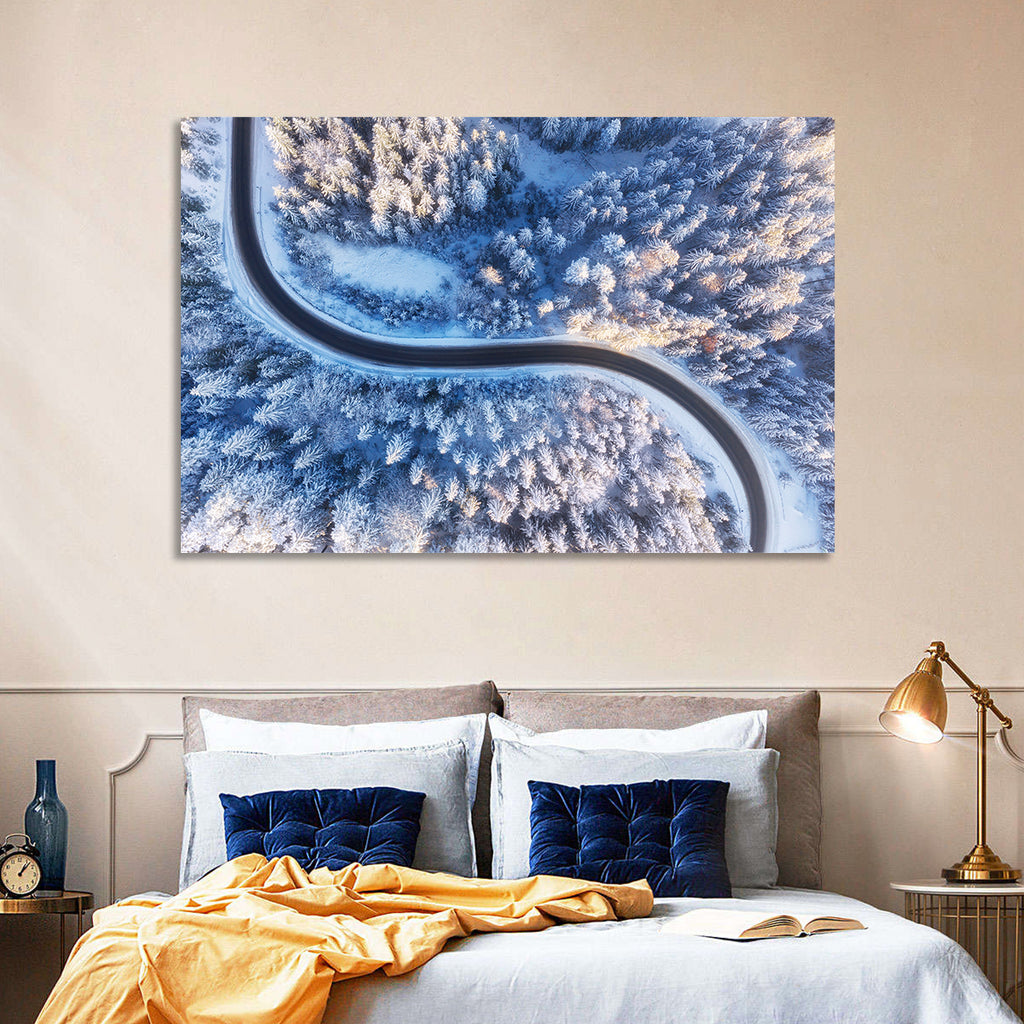 Snowy Forest Road at Golden Hour Wall Art