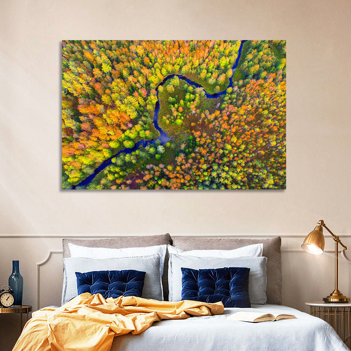 Winding Autumn River Wall Art in a room, landscape