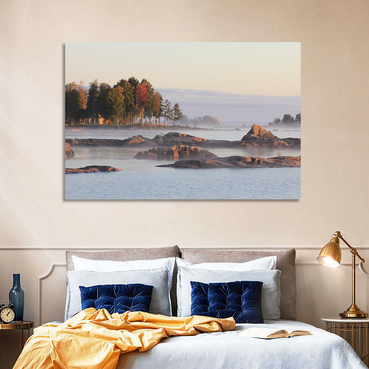 Lake Vanern Misty Shoreline Wall Art in a room, landscape