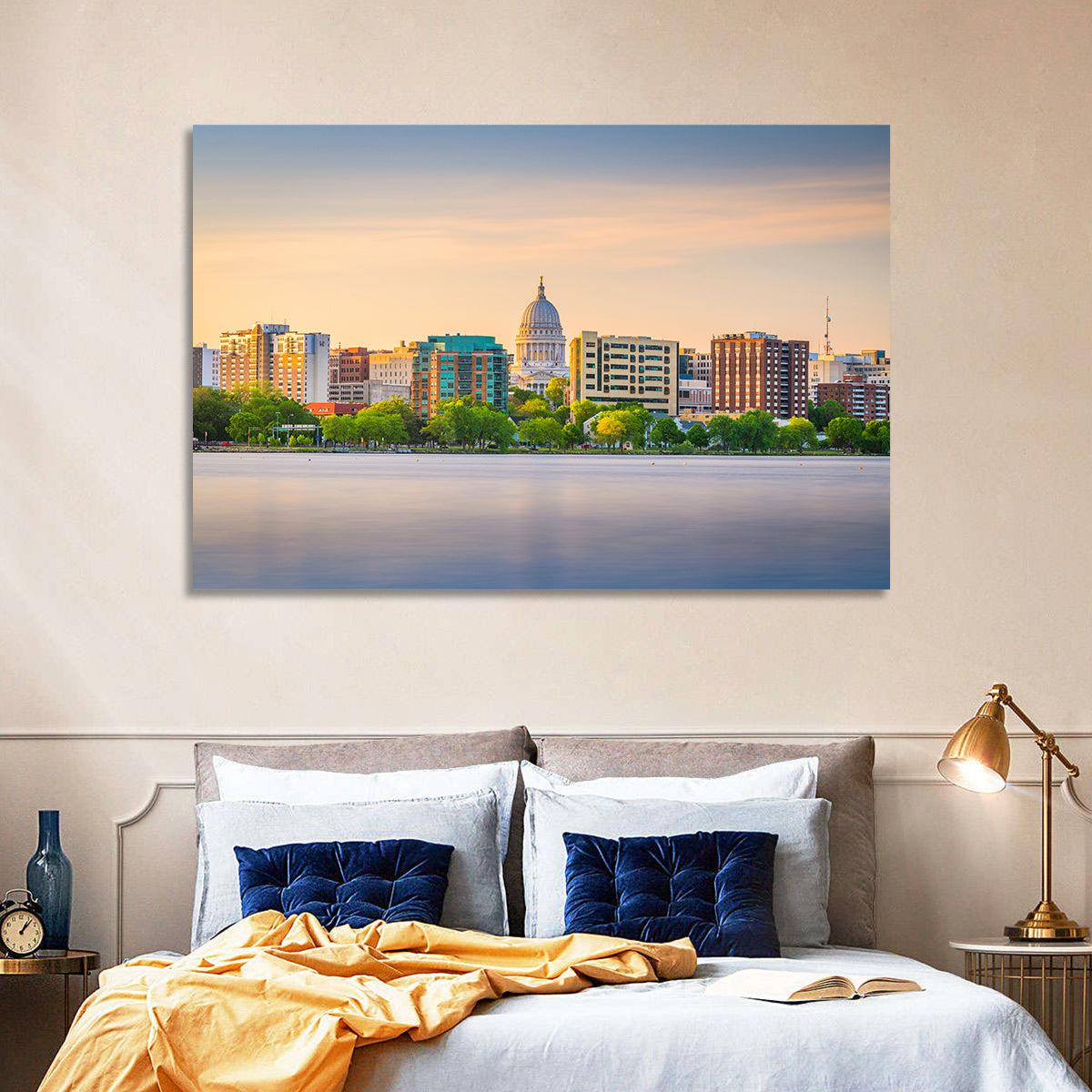 Madison Skyline at Lake Monona Wall Art in a room, landscape