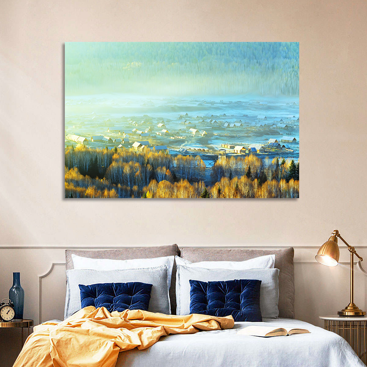 Misty Xinjiang Village Wall Art in a room, landscape