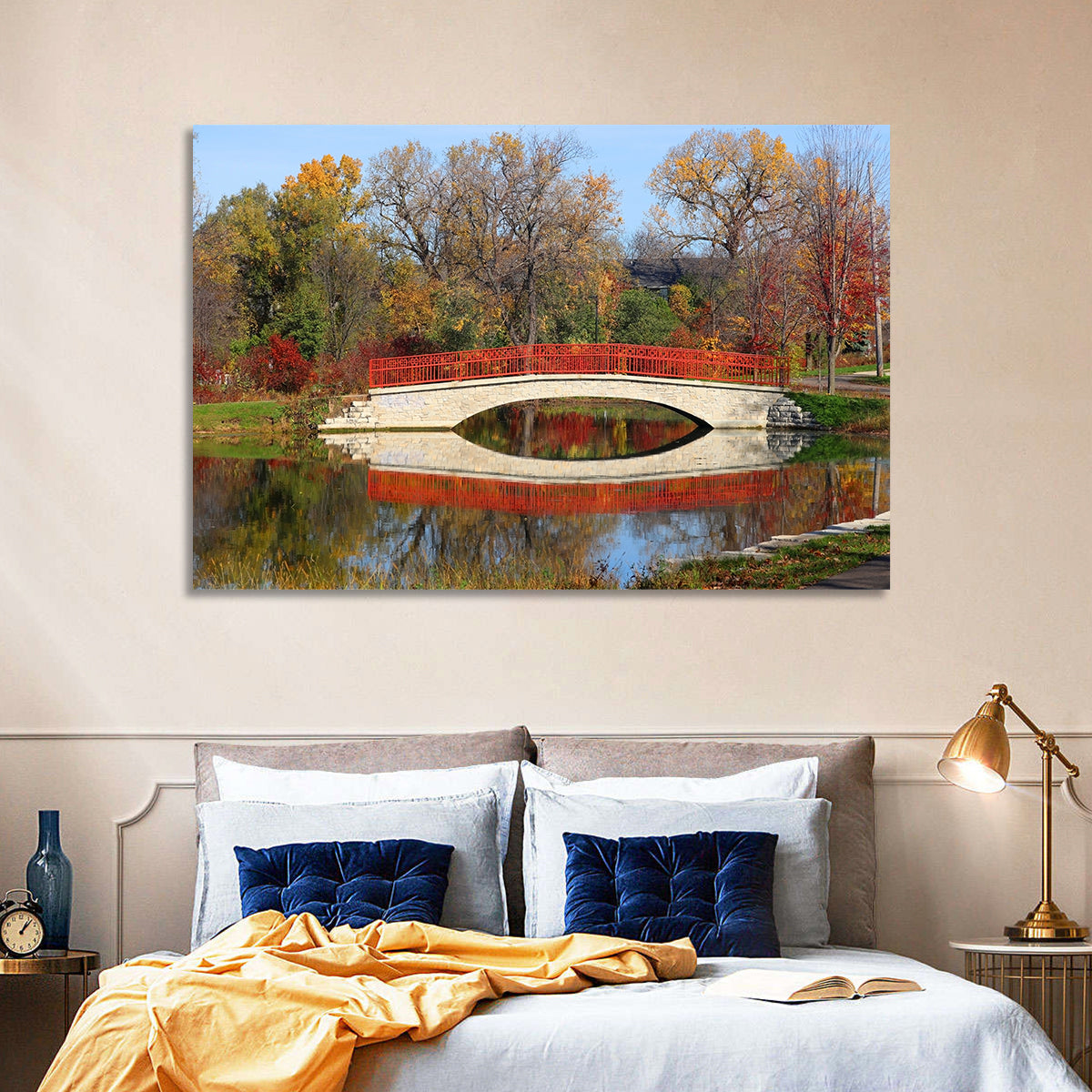 Tenney Park Stone Bridge Reflection Wall Art in a room, landscape