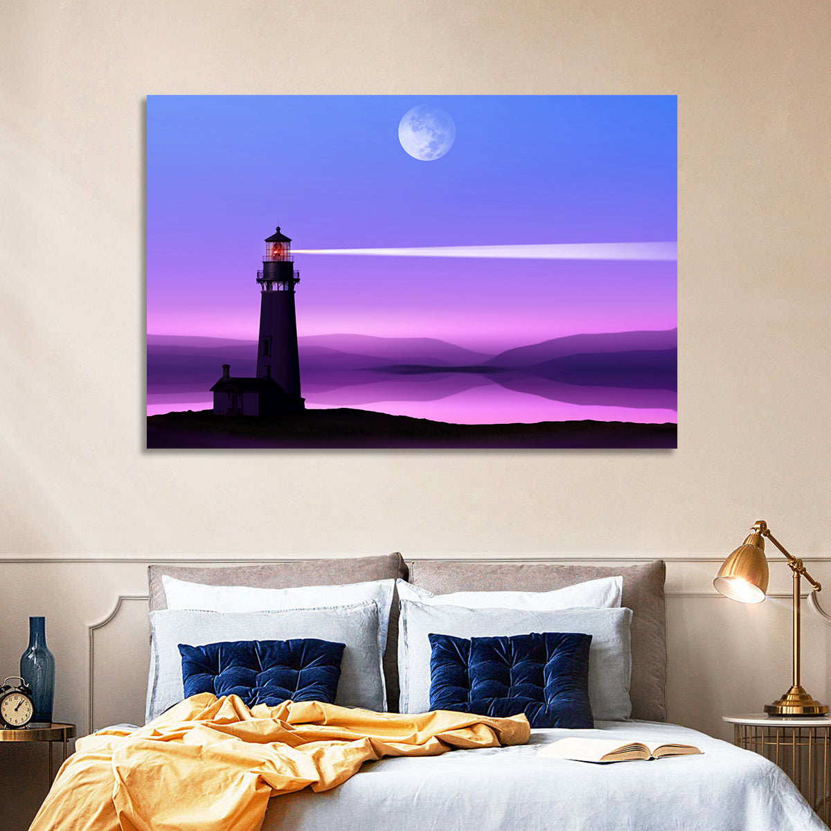 Moonlit Lighthouse Reflection Wall Art in a room, landscape