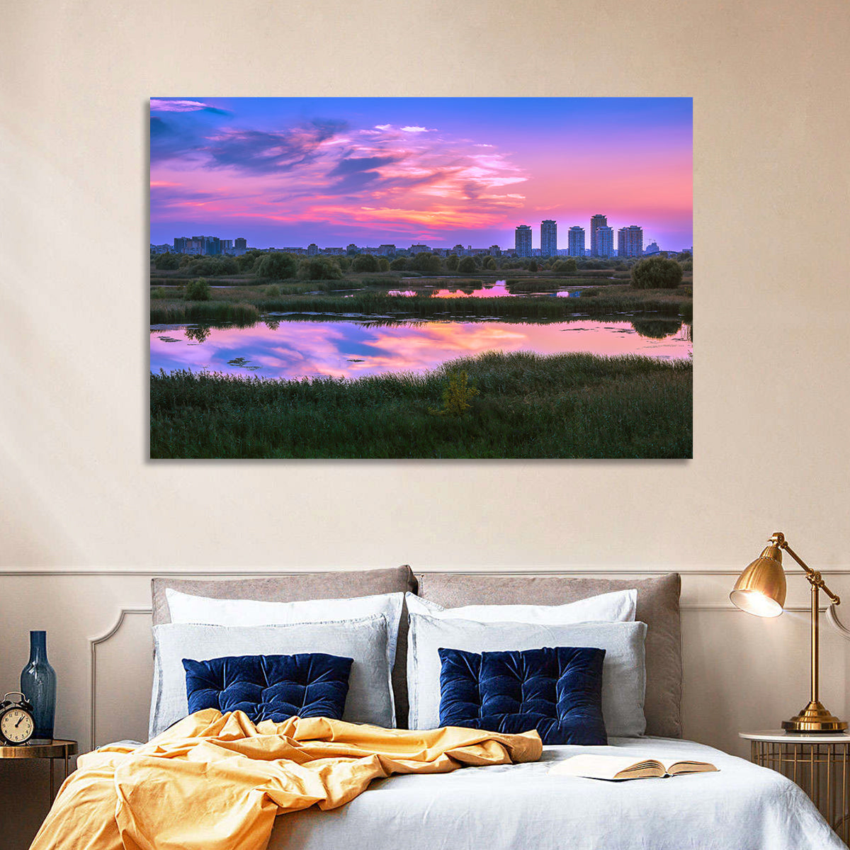 Vacaresti Park Sunset Reflection Wall Art in a room, landscape
