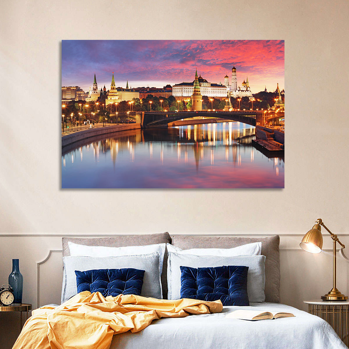 Moscow Kremlin Skyline at Twilight Wall Art in a room, landscape