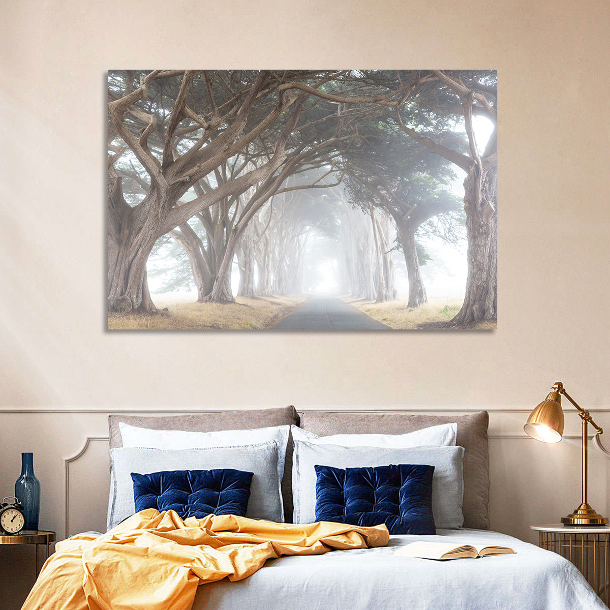 Misty Cypress Tunnel Wall Art in a room, landscape