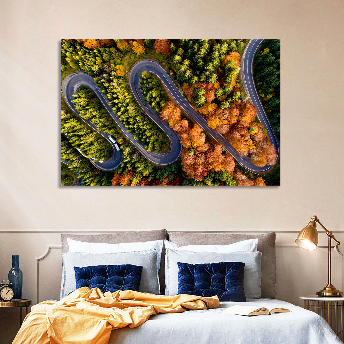 Autumn Aerial Mountain Road Wall Art in a room, landscape