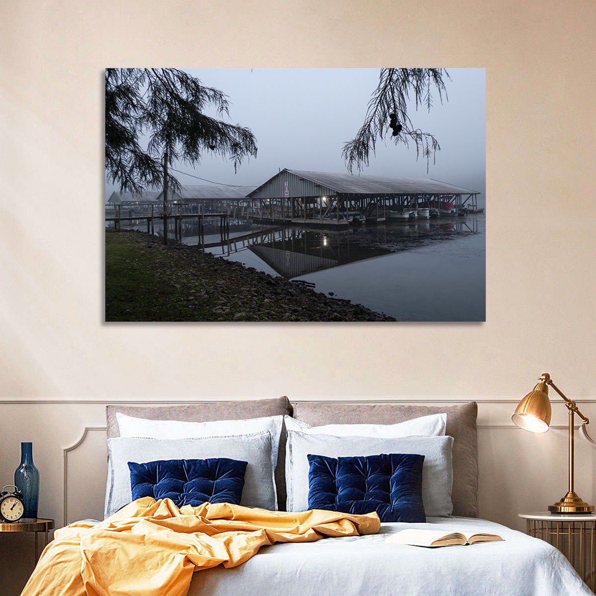 Ozark Beach Resort Boathouse Wall Art in a room, landscape