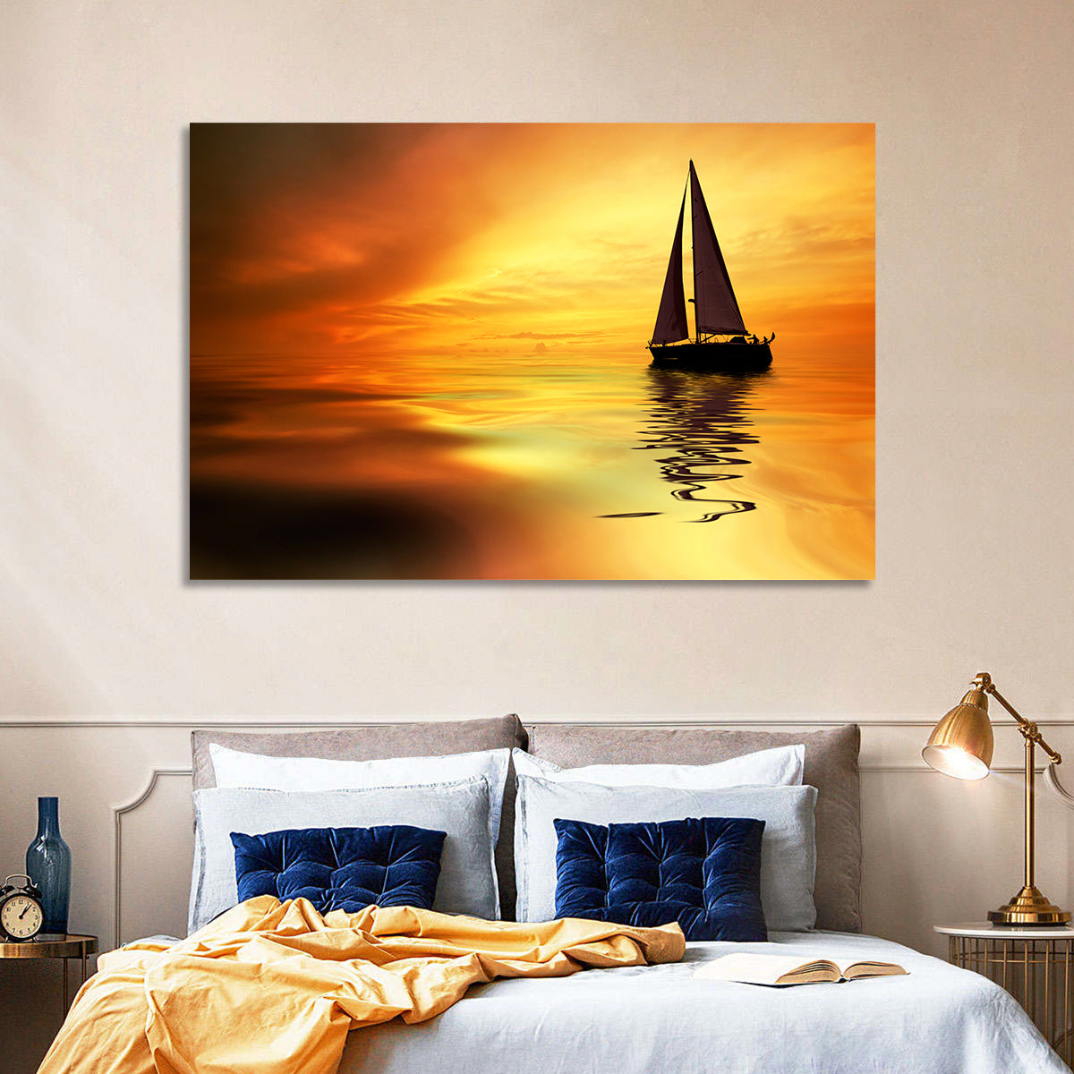 Golden Hour Sailboat Silhouette Wall Art in a room, landscape