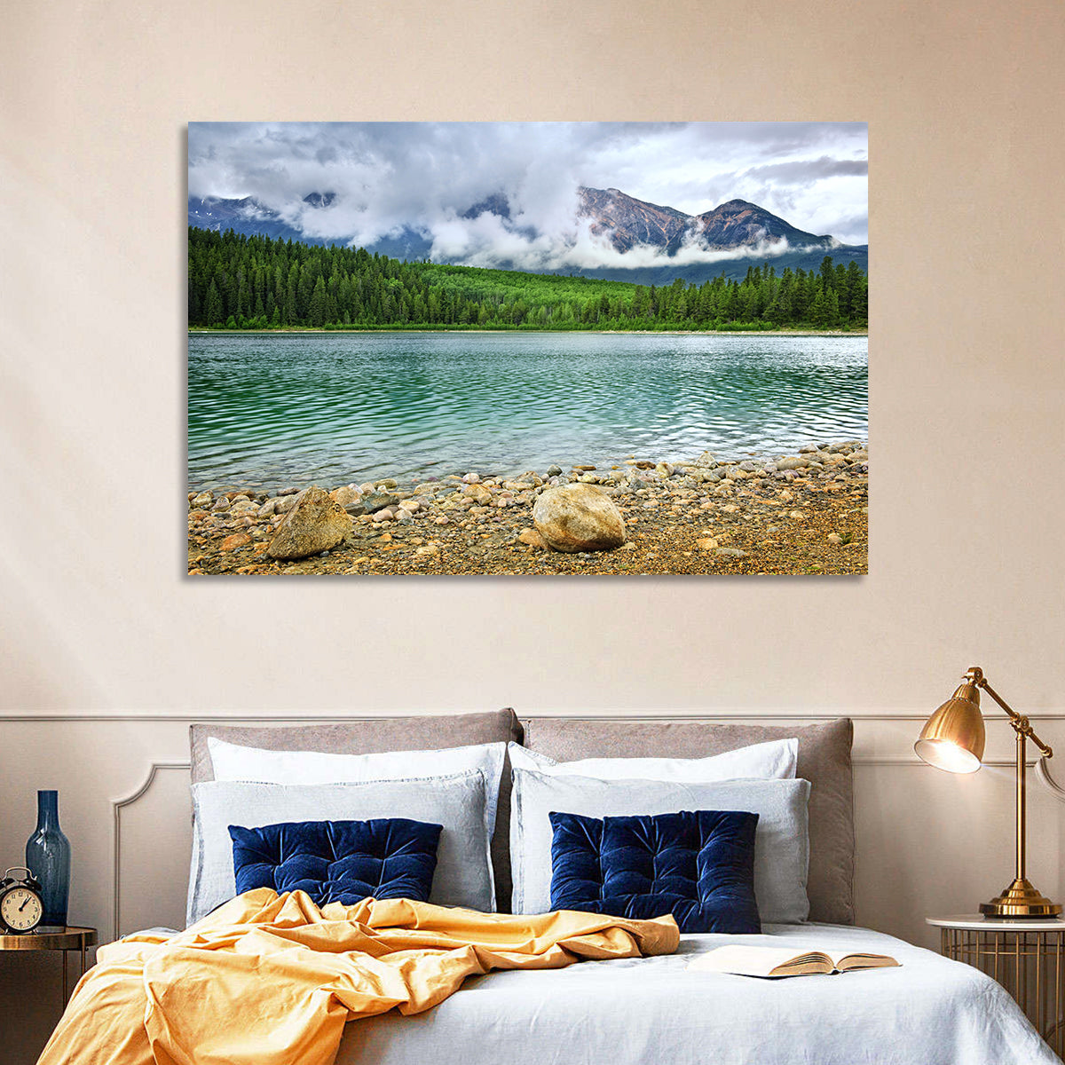 Patricia Lake Cloudy Peaks Wall Art in a room, landscape