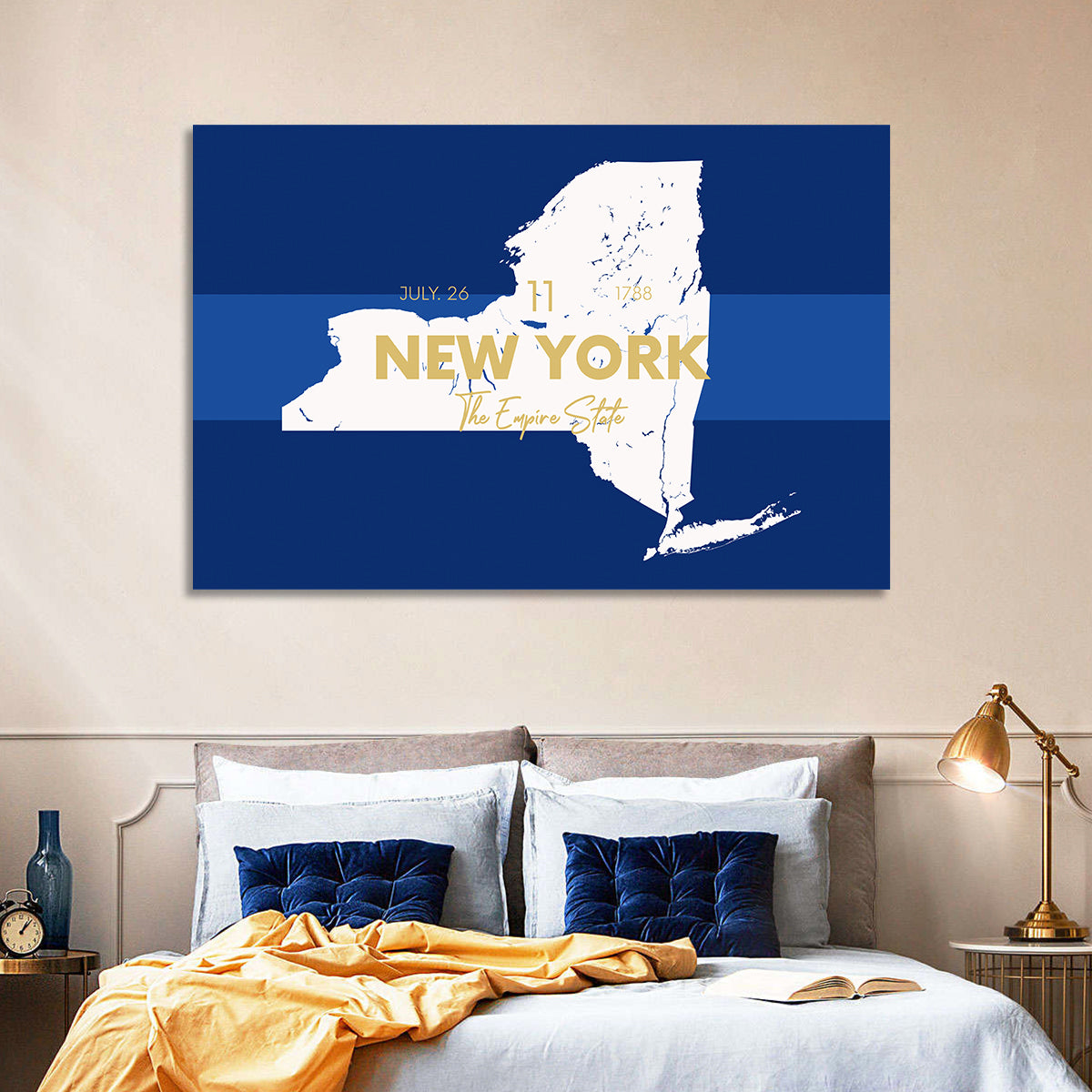 New York State Typographic Map Wall Art in a room, landscape