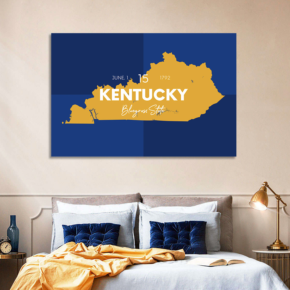 Blue and Gold Kentucky Map Wall Art in a room, landscape