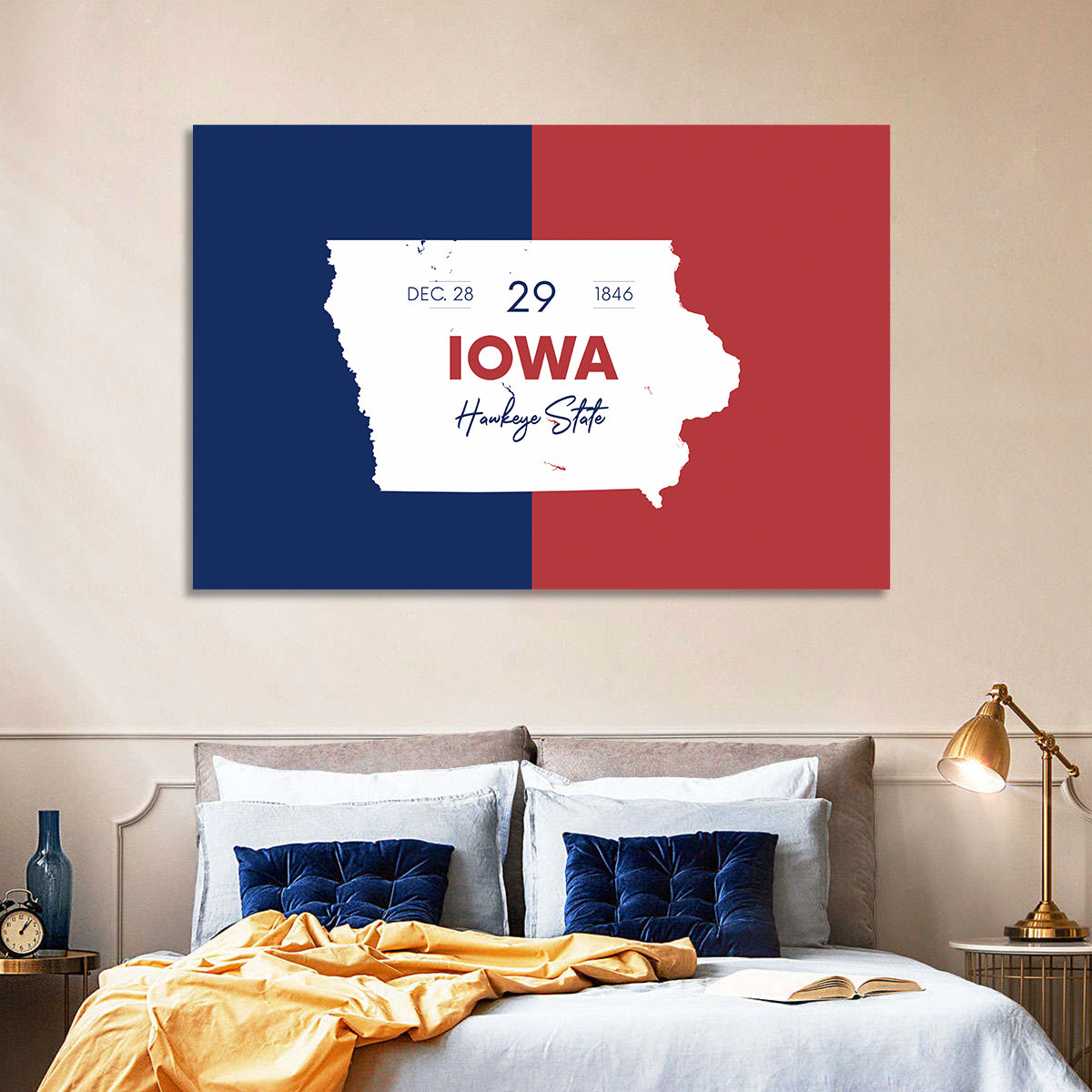 Hawkeye State Map Typography Wall Art in a room, landscape