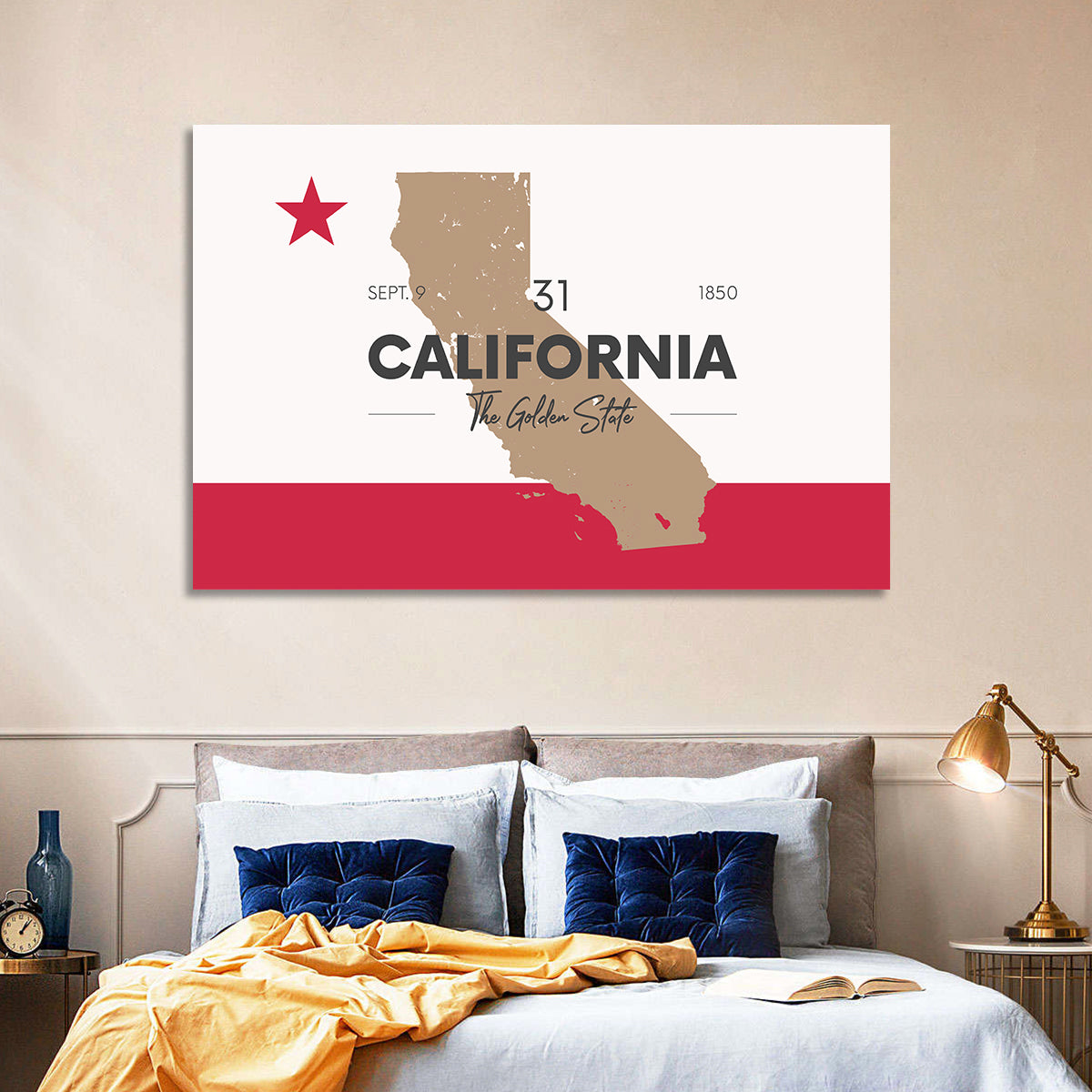 California Map with Red Star Wall Art in a room, landscape