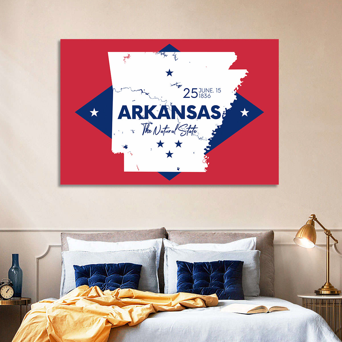 Patriotic Arkansas Map Wall Art in a room, landscape