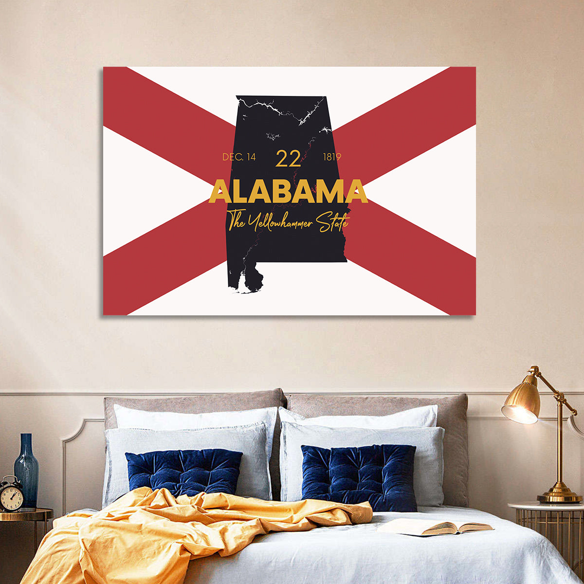 Alabama Map Over State Flag Wall Art in a room, landscape