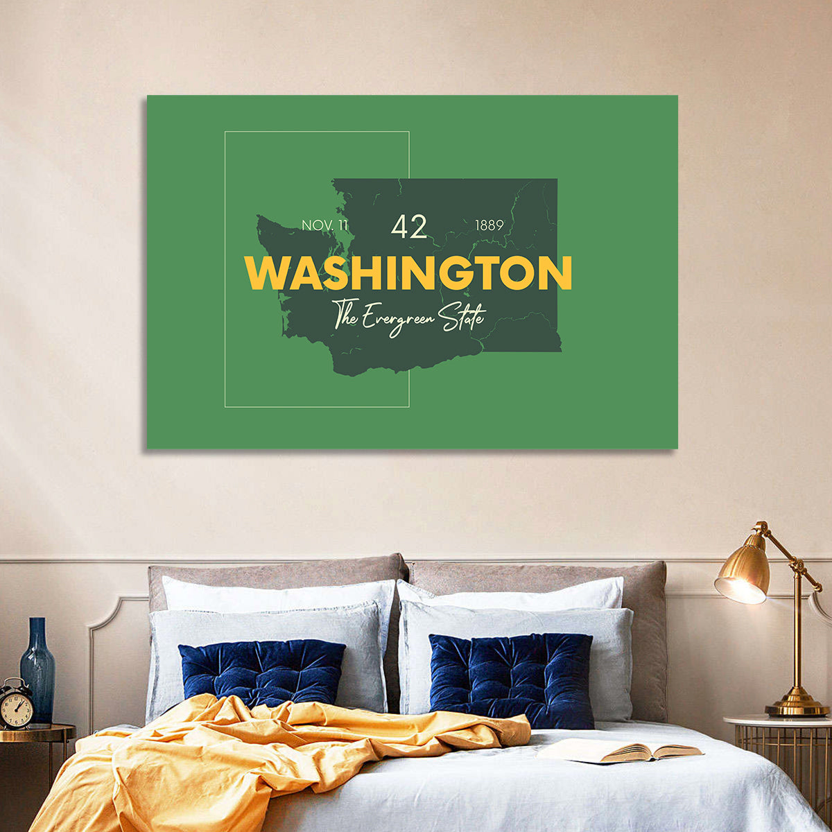 Minimalist Washington State Map Wall Art in a room, landscape