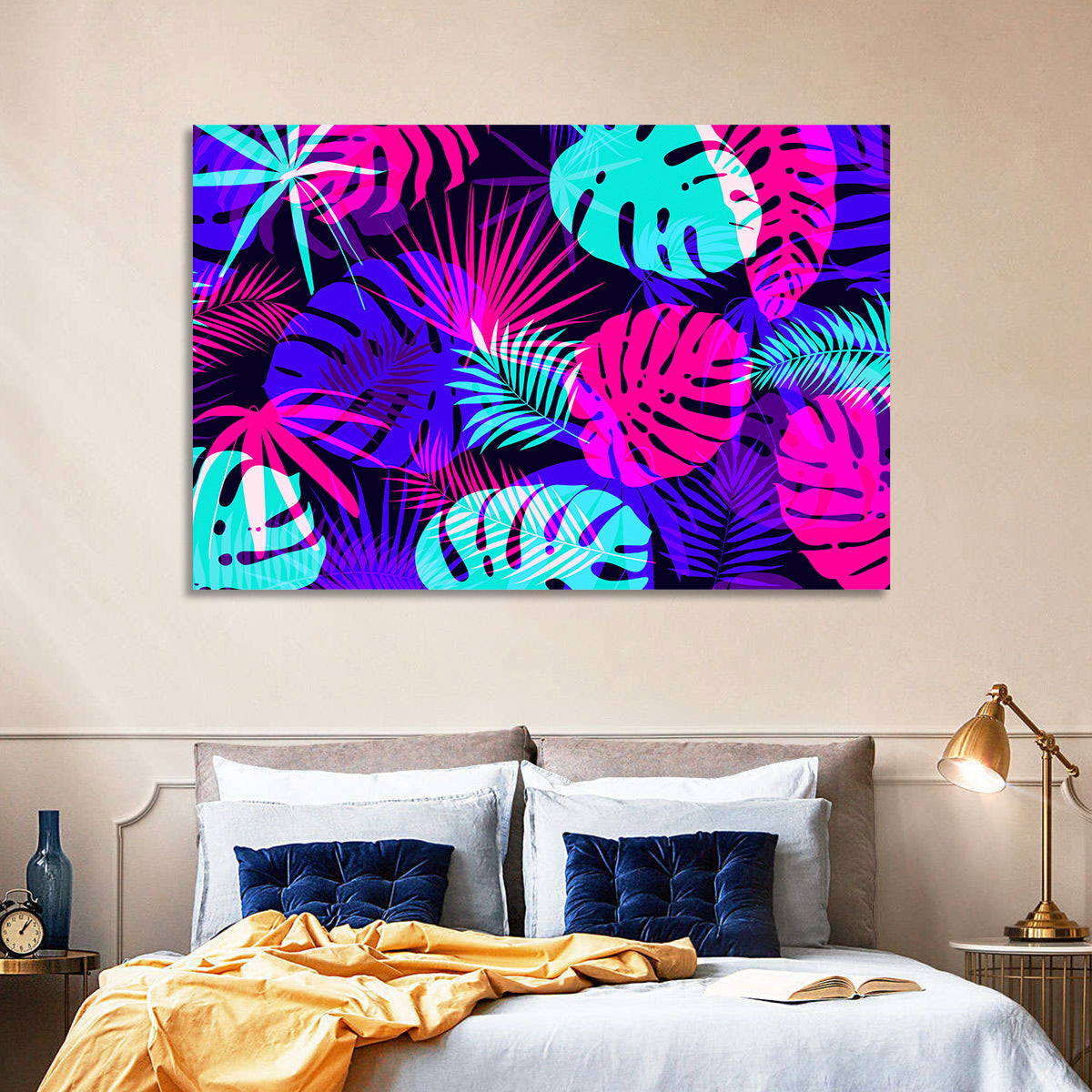 Neon Tropical Leaves Wall Art in a room, landscape