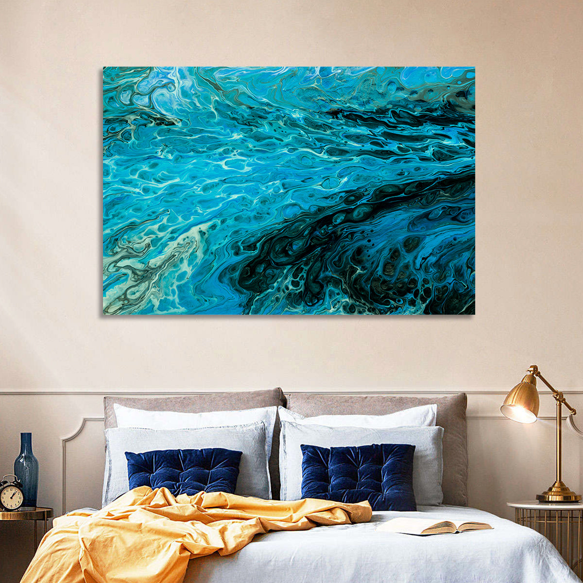 Liquid Marble Blue Abstract Wall Art in a room, landscape