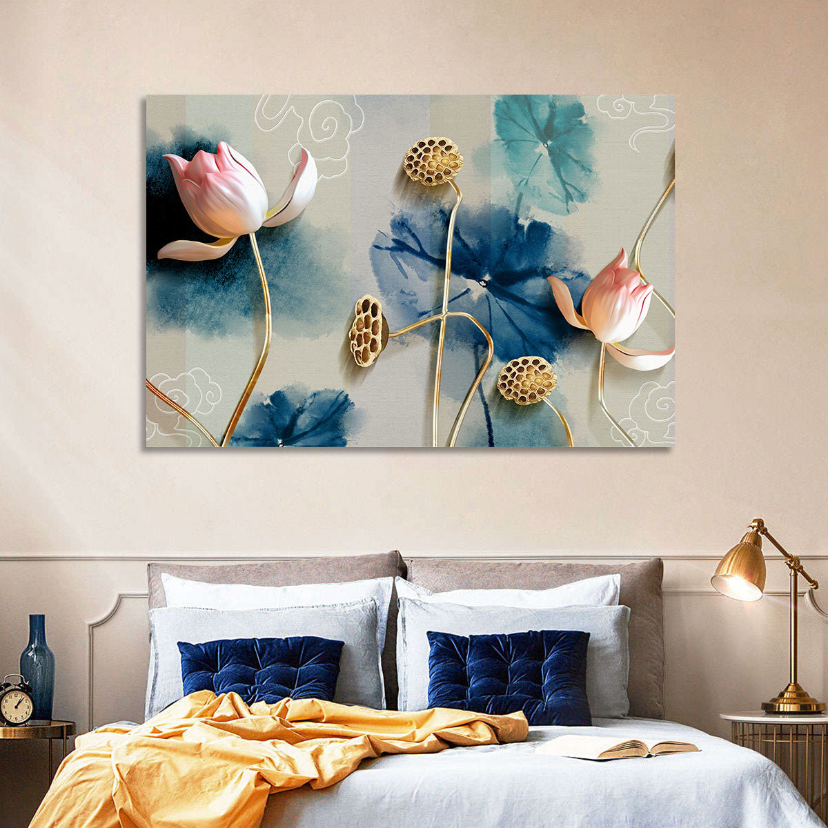 Blue Lotus Botanical Backdrop Wall Art in a room, landscape