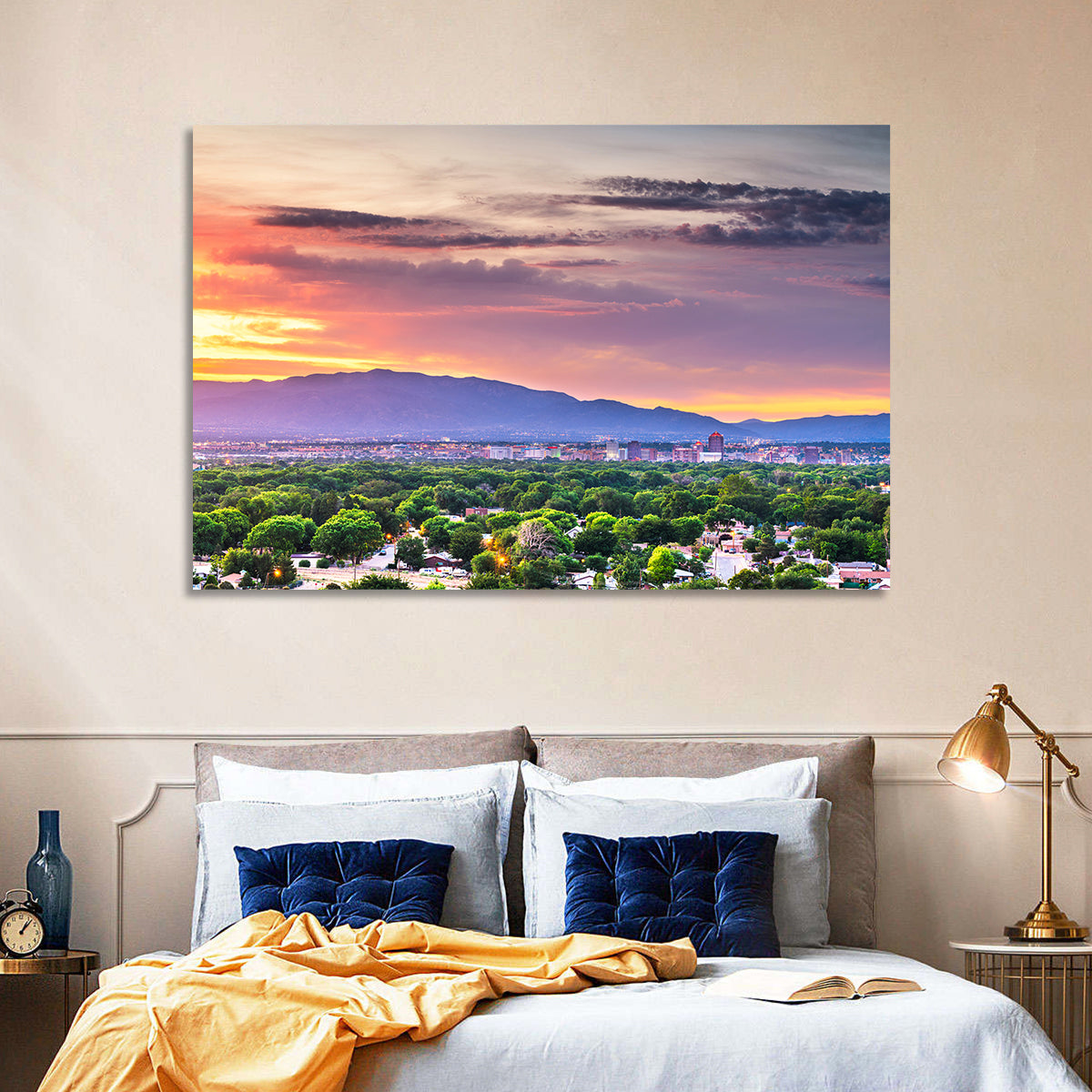 Albuquerque Skyline at Dusk Wall Art in a room, landscape