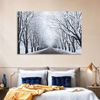 Snowy Road with Distant Headlights Wall Art