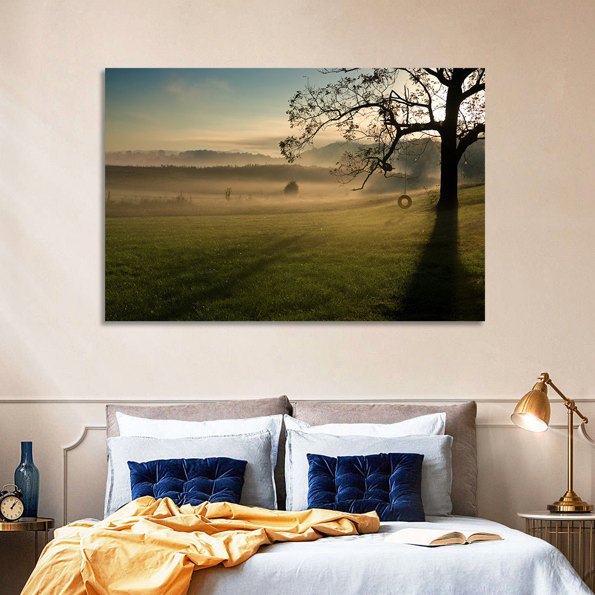 Tire Swing in Morning Mist Wall Art in a room, landscape