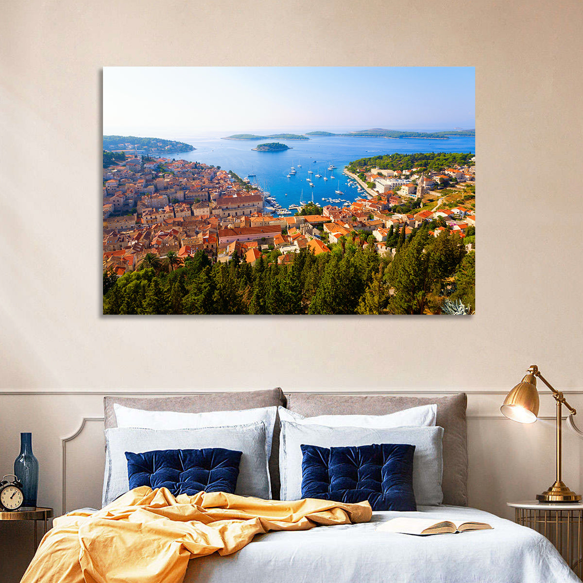 Hvar Harbor Aerial View Wall Art in a room, landscape
