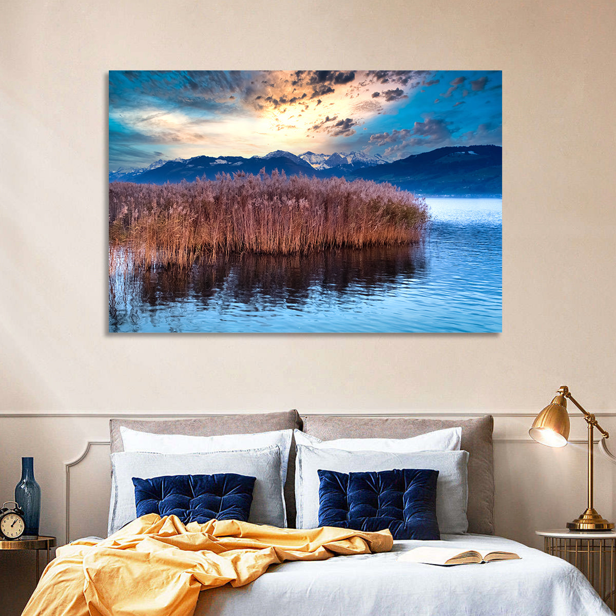 Lake Obersee Reeds at Dusk Wall Art in a room, landscape