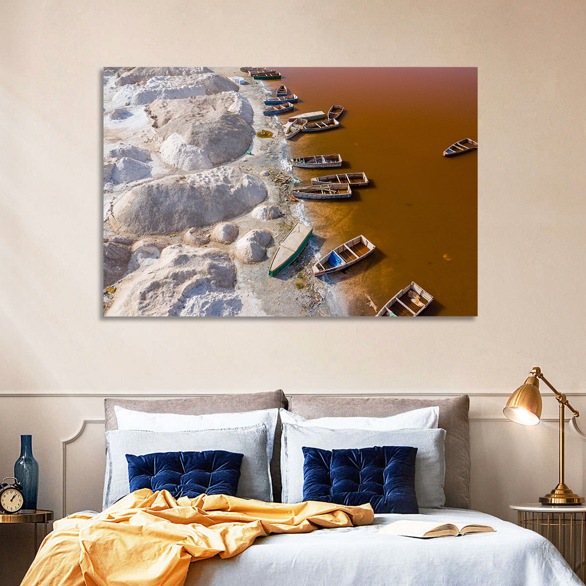 Lac Rose Boats and Salt Mounds Wall Art in a room, landscape