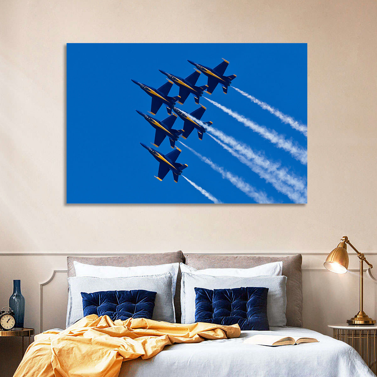 Blue Angels Delta Formation Flyover Wall Art in a room, landscape