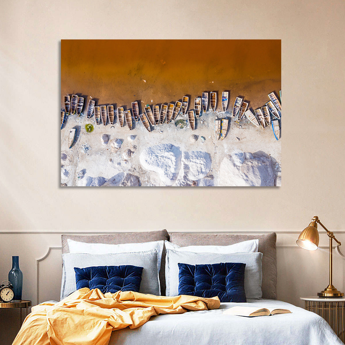 Lac Rose Boats Aerial View Wall Art in a room, landscape