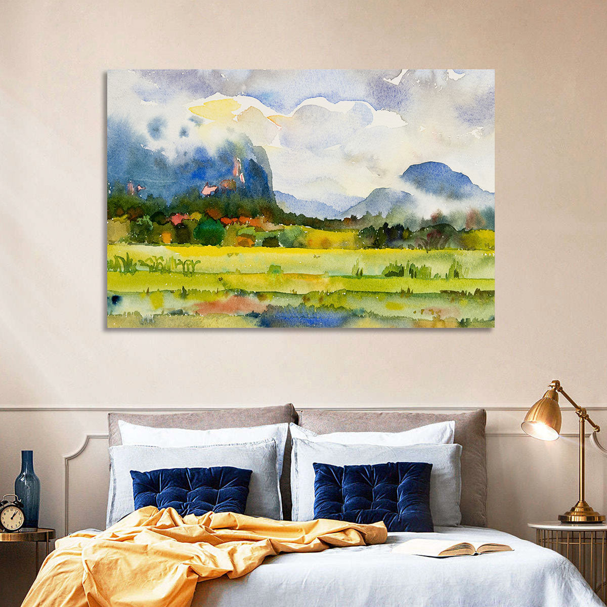 Summer Meadow Watercolor Landscape Wall Art in a room, landscape