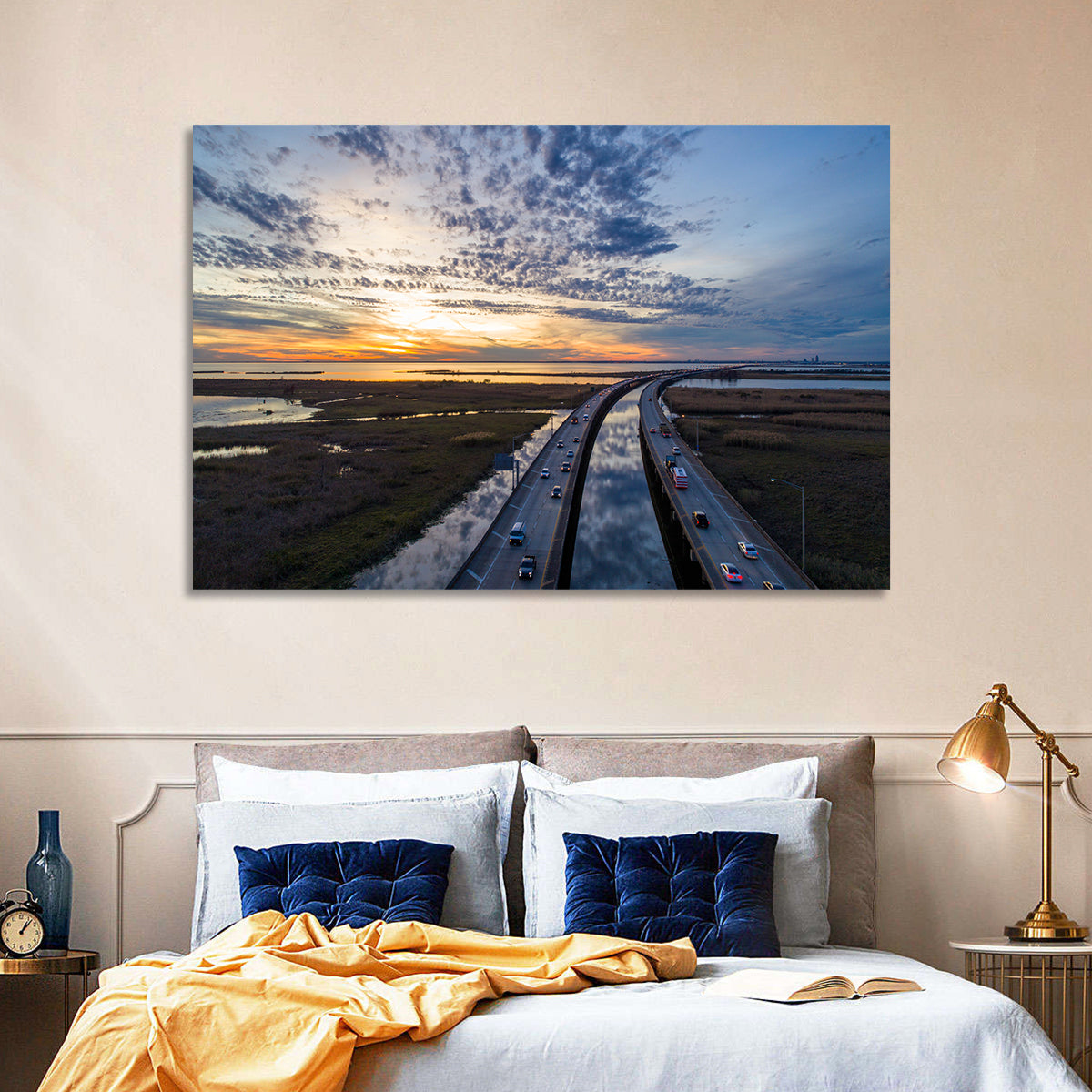 Mobile Bay Bridge at Sunset Wall Art in a room, landscape