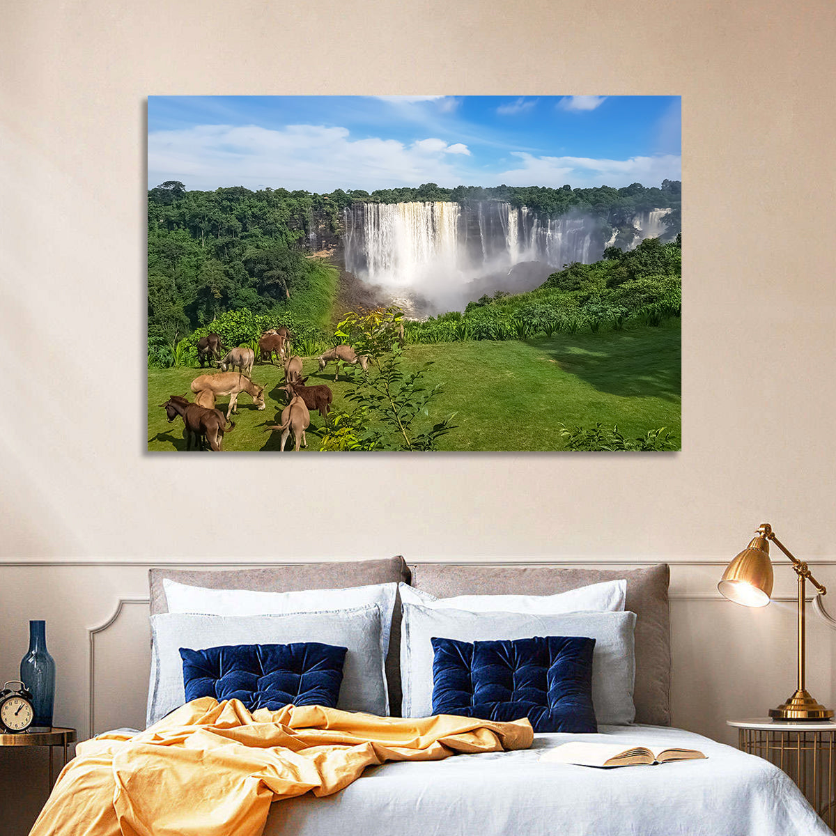 Kalandula Falls and Grazing Donkeys Wall Art in a room, landscape