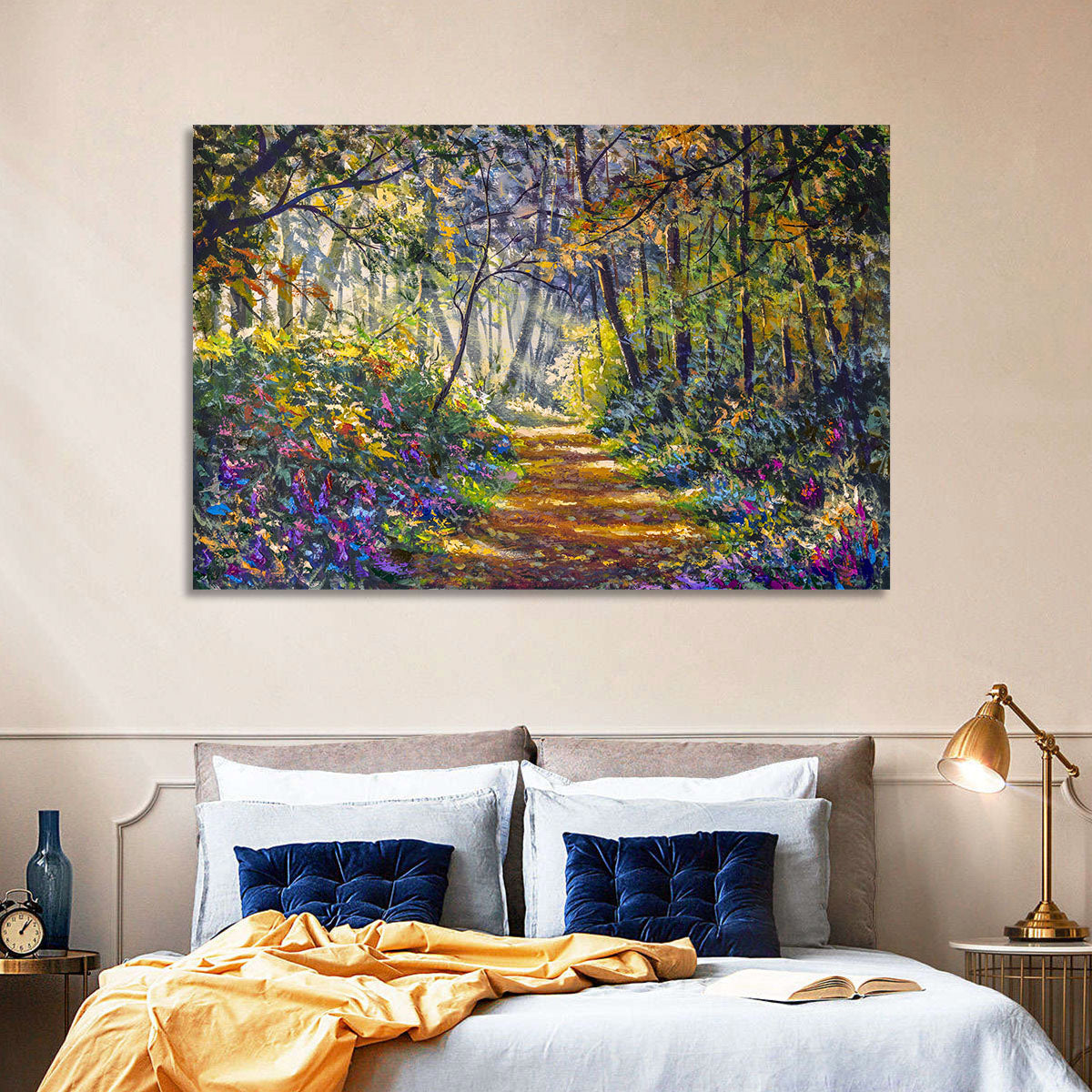 Sunlit Forest Path with Wildflowers Wall Art in a room, landscape