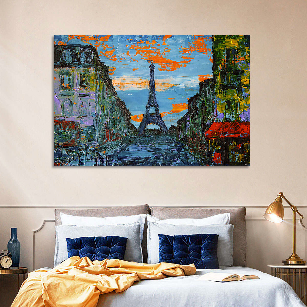 Paris Dusk Street, Eiffel Tower Wall Art in a room, landscape