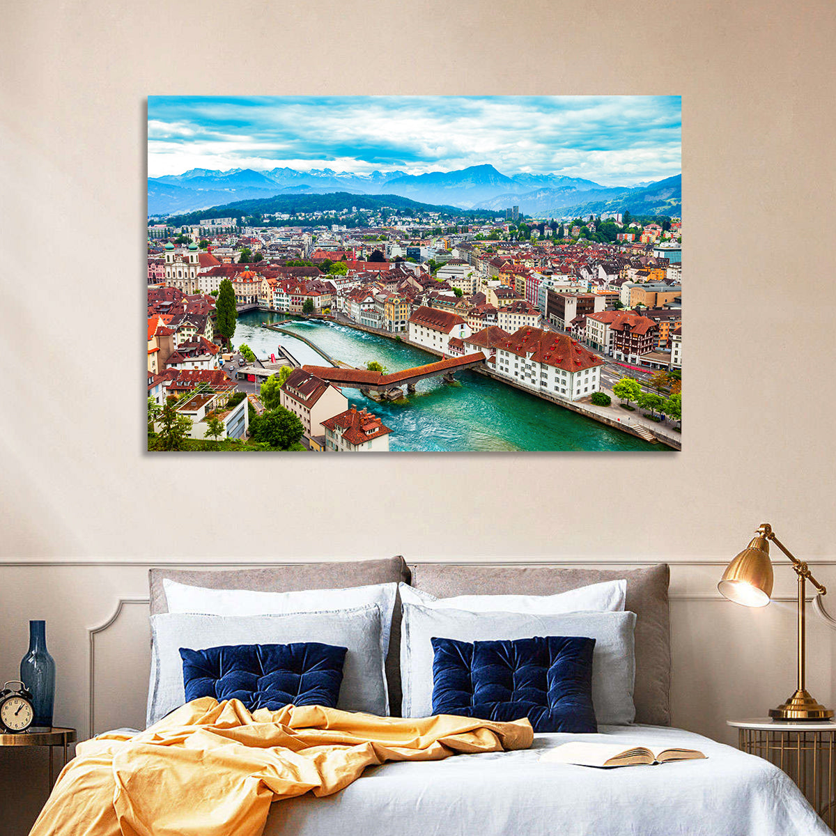 Lucerne Chapel Bridge View Wall Art in a room, landscape