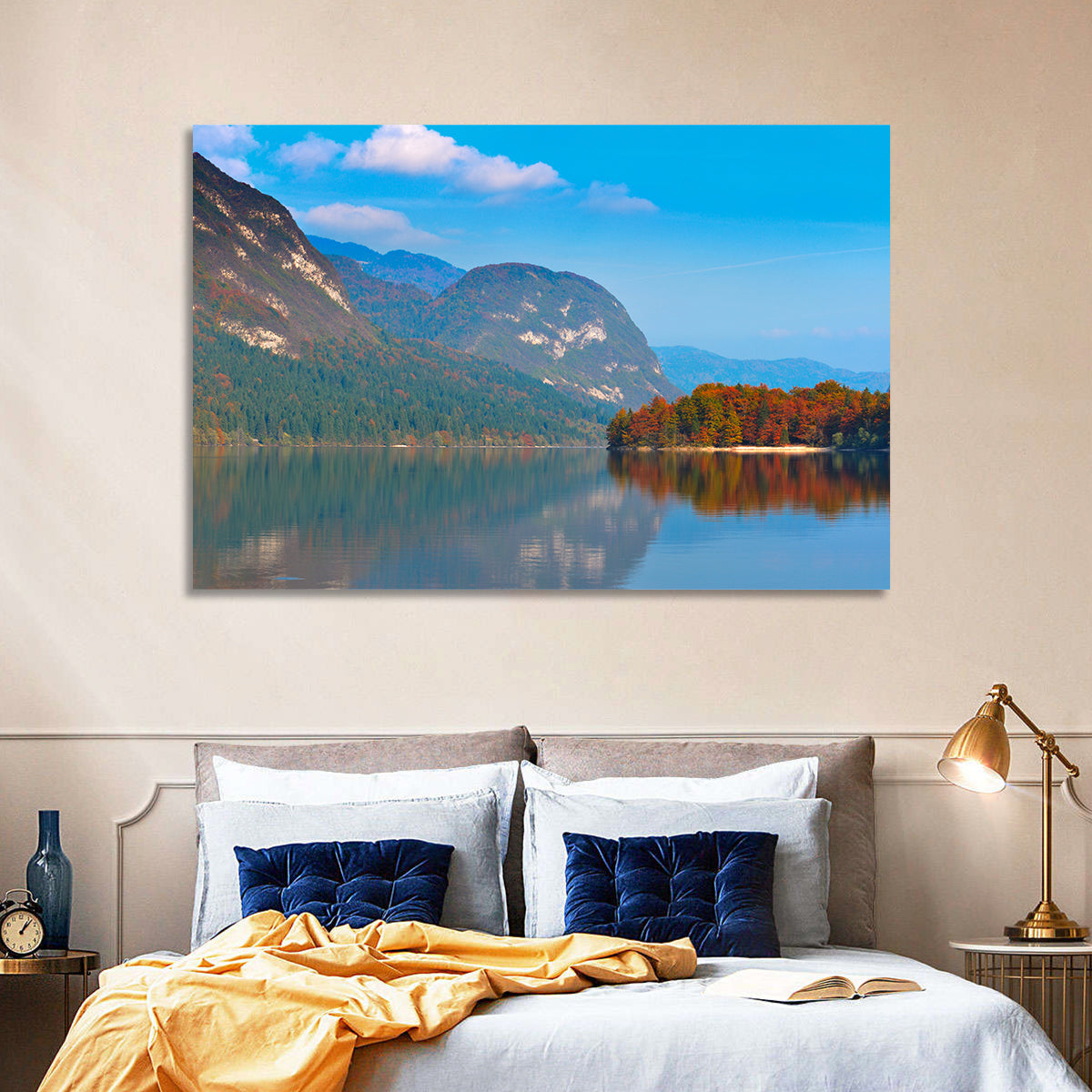 Lake Bohinj Autumn Reflection Wall Art in a room, landscape