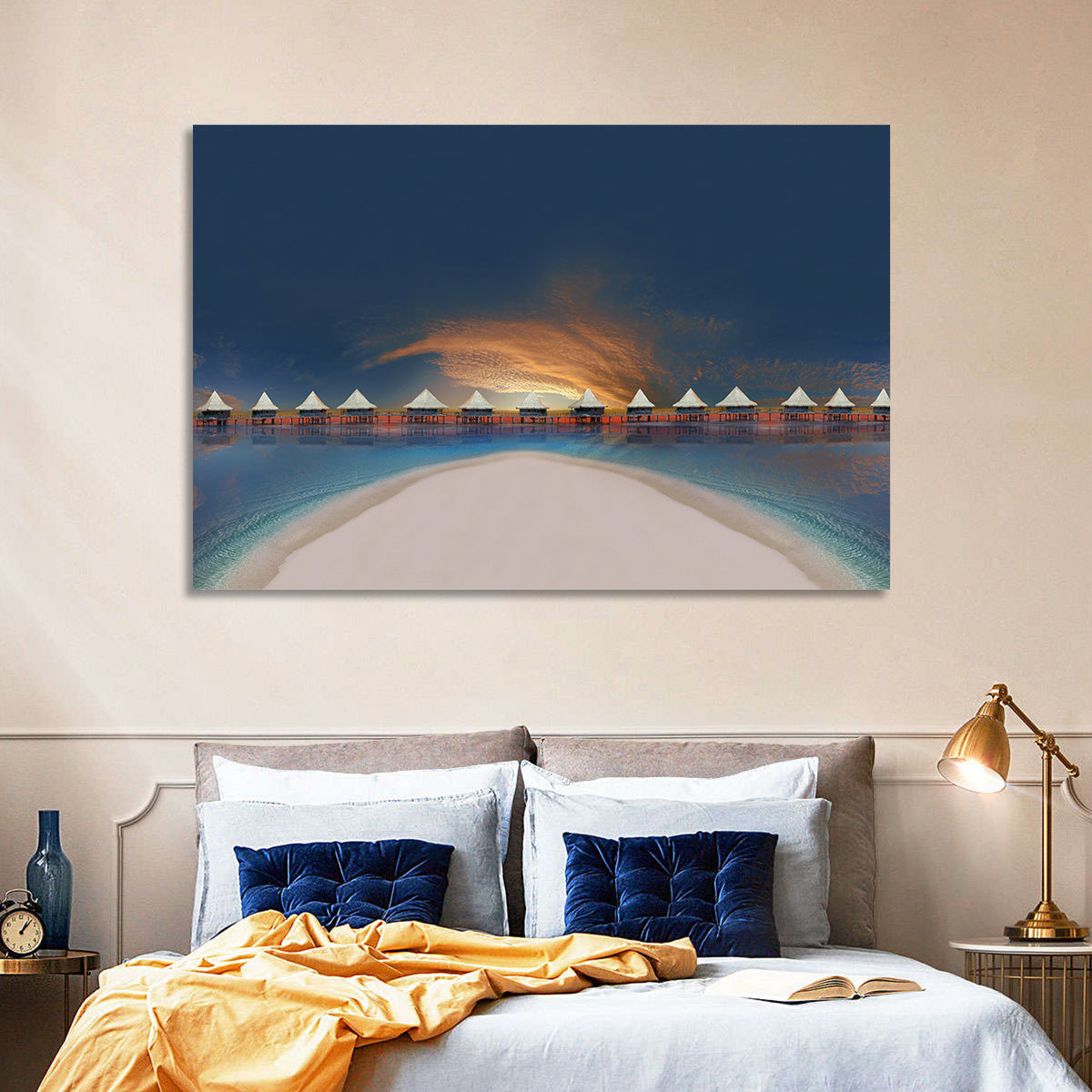 Overwater Bungalows at Golden Dusk Wall Art in a room, landscape