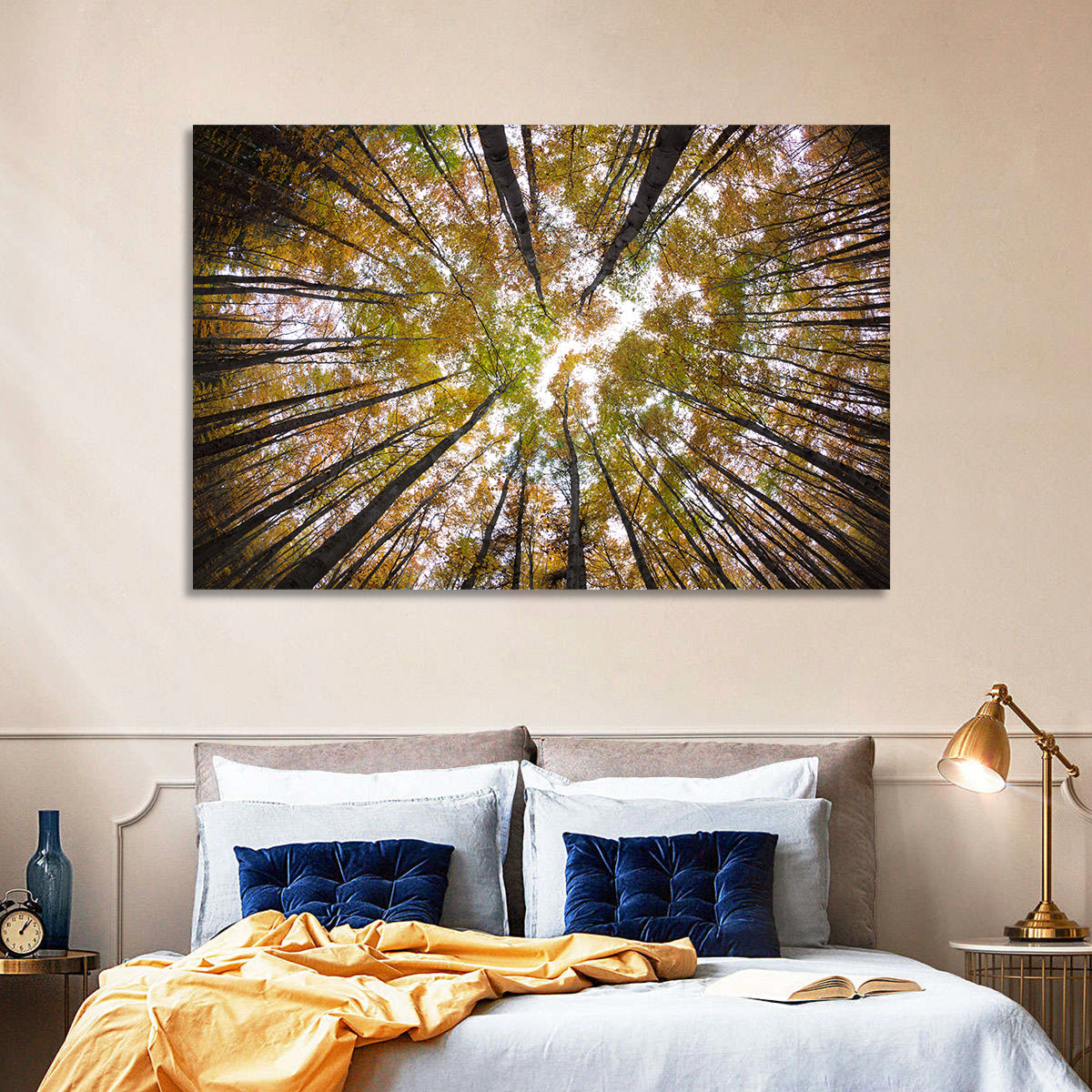Autumn Forest Canopy Looking Up Wall Art in a room, landscape