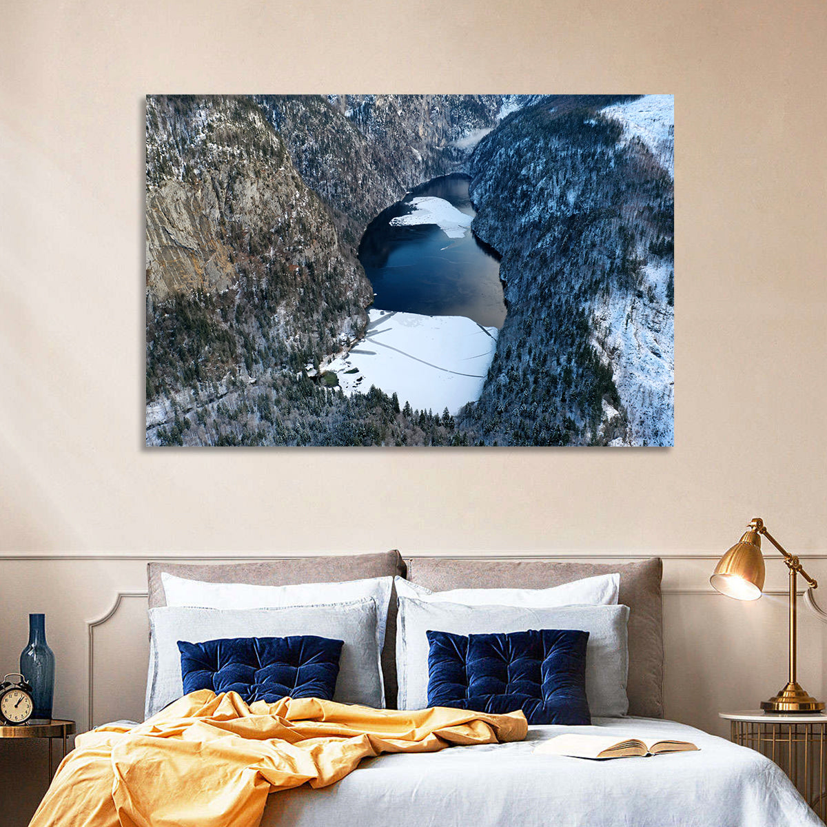 Toplitz Lake Winter Aerial Wall Art in a room, landscape