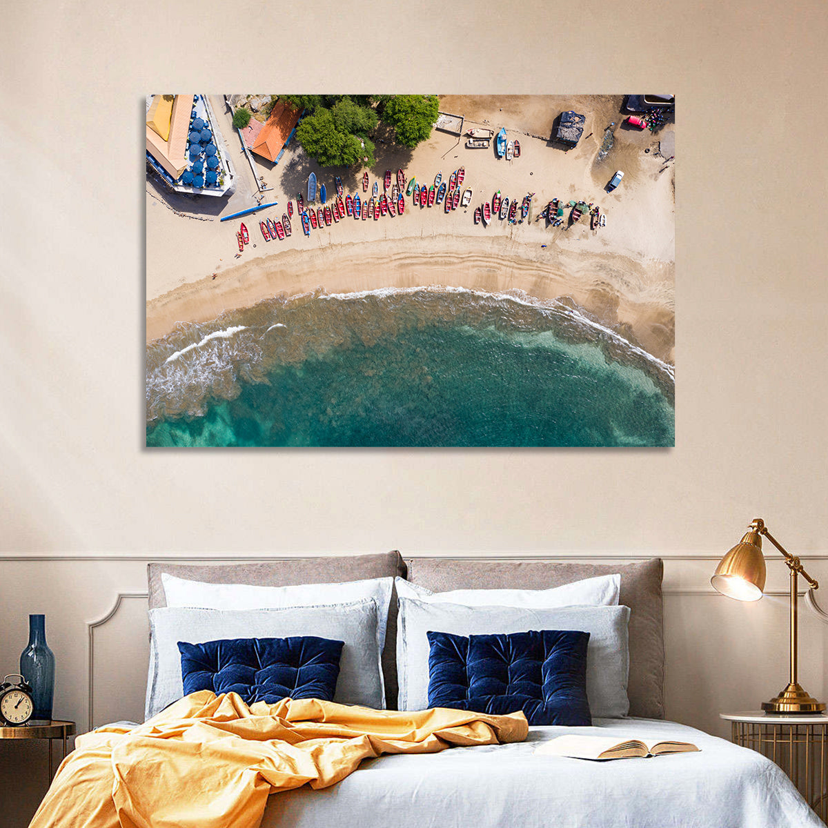 Aerial Tarrafal Beach Fishing Boats Wall Art in a room, landscape