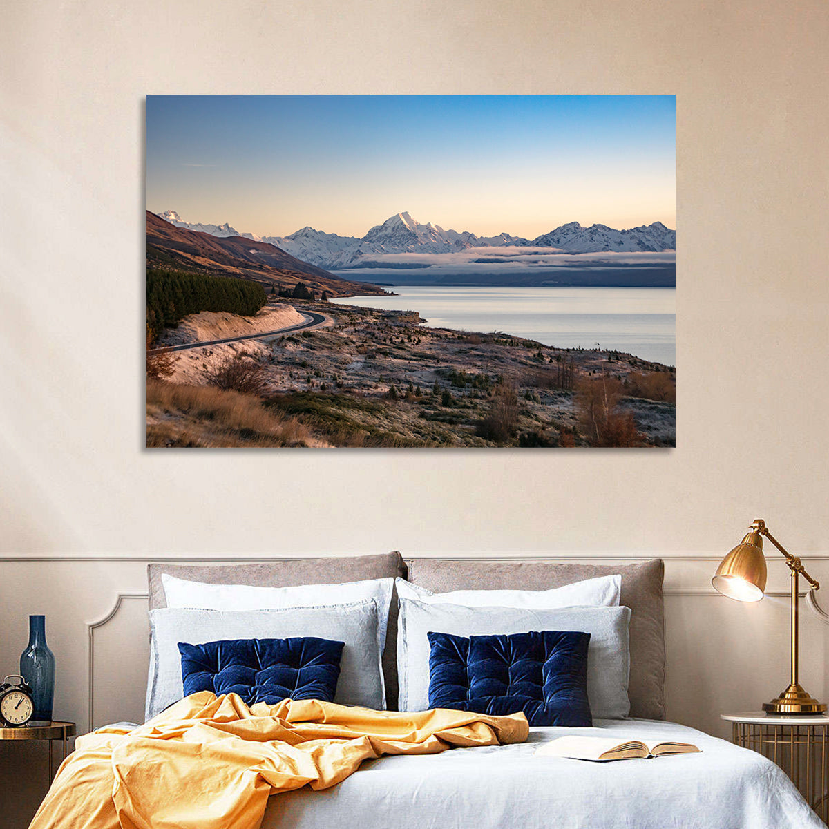 Mount Cook Over Lake Pukaki Wall Art in a room, landscape