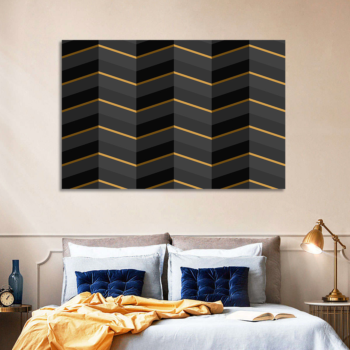 Black Stripes with Gold Accents Wall Art in a room, landscape