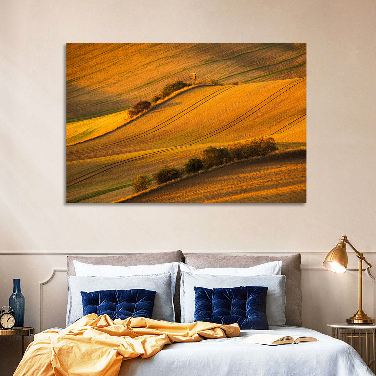 Golden Moravian Farm Tracks Wall Art in a room, landscape