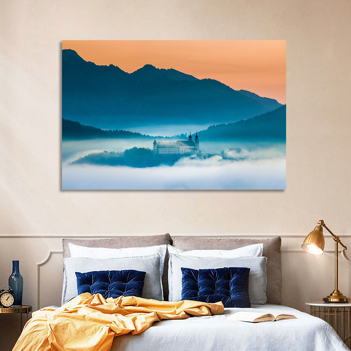 Benediktbeuern Abbey in Morning Fog Wall Art in a room, landscape