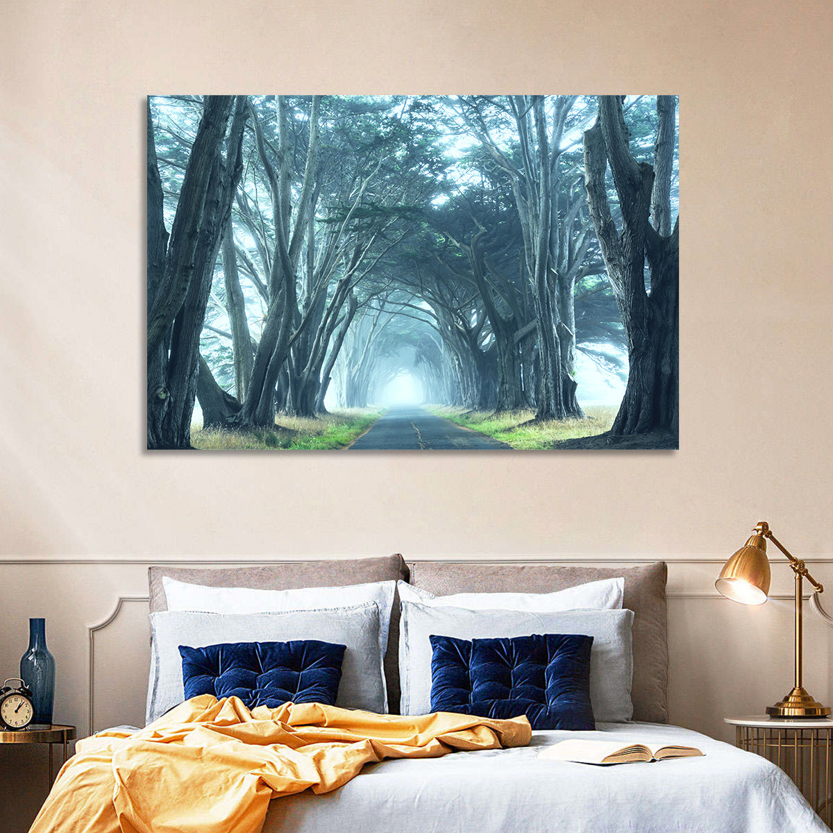 Foggy Cypress Tree Tunnel Wall Art in a room, landscape